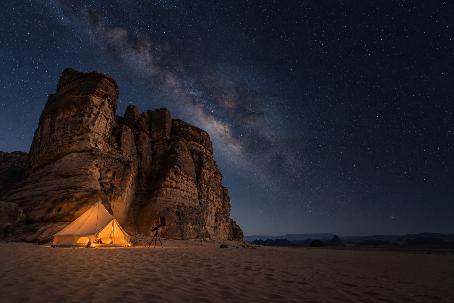 خيمة مضاءة من الداخل عند سفح صخرة رملية ضخمة في العُلا، وتلسكوب بجانبها، ودرب التبانة فوقهما